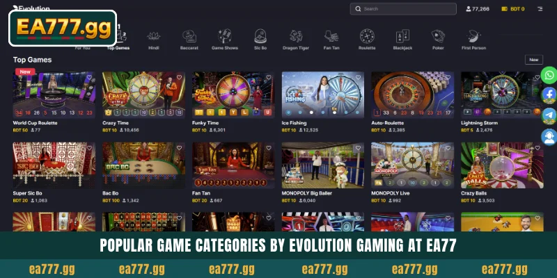 EA77 প্ল্যাটফর্মে Evolution Gaming Live Dealers টেবিলগুলো 3 Popular game categories by Evolution Gaming at EA77