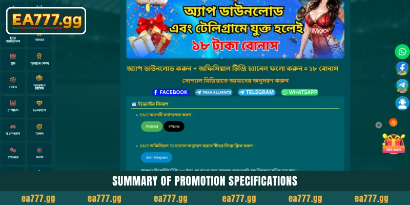 Free ৳18 Bonus: EA77 App Download করুন ও Telegram-এ জয়েন করুন 4 Summary of promotion specifications