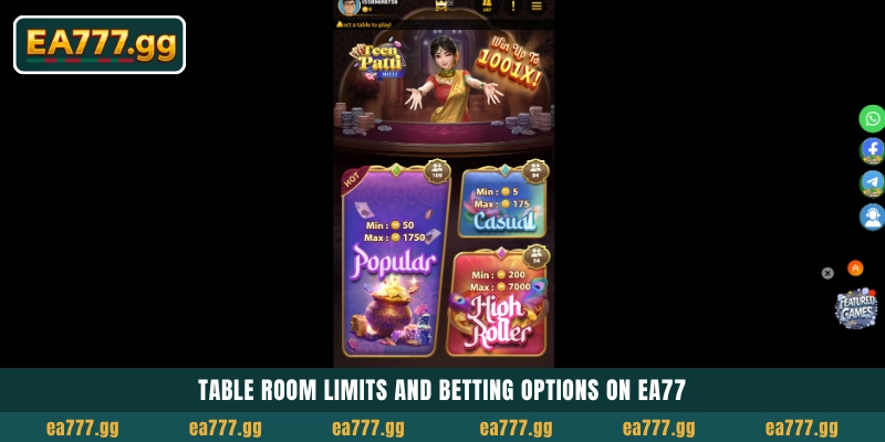 EA77-এ Teen Patti KingMaker রিয়েল মানি গেম খেলুন 4 Table room limits and betting options on EA77